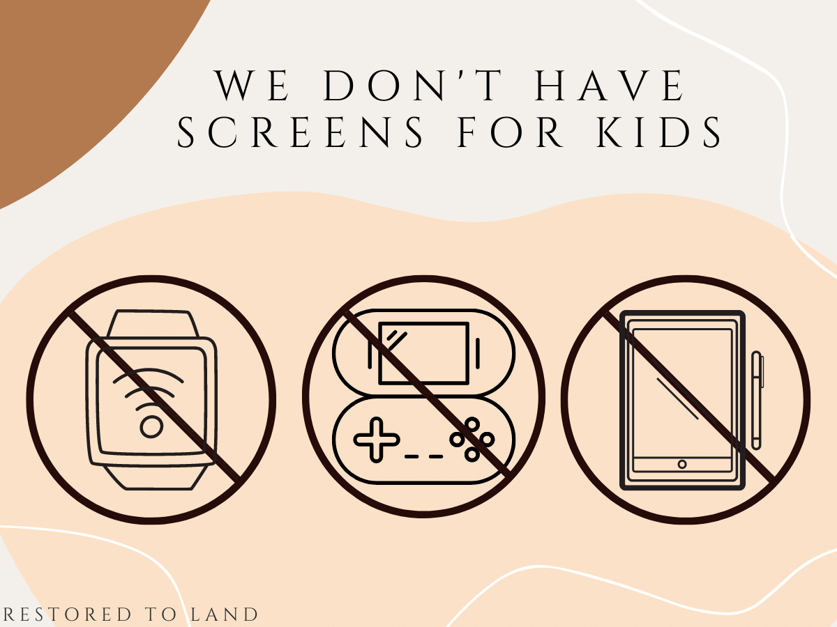 graphic titled "we don't have screens for kids" with no circles around a smart watch, handheld game, and tablet