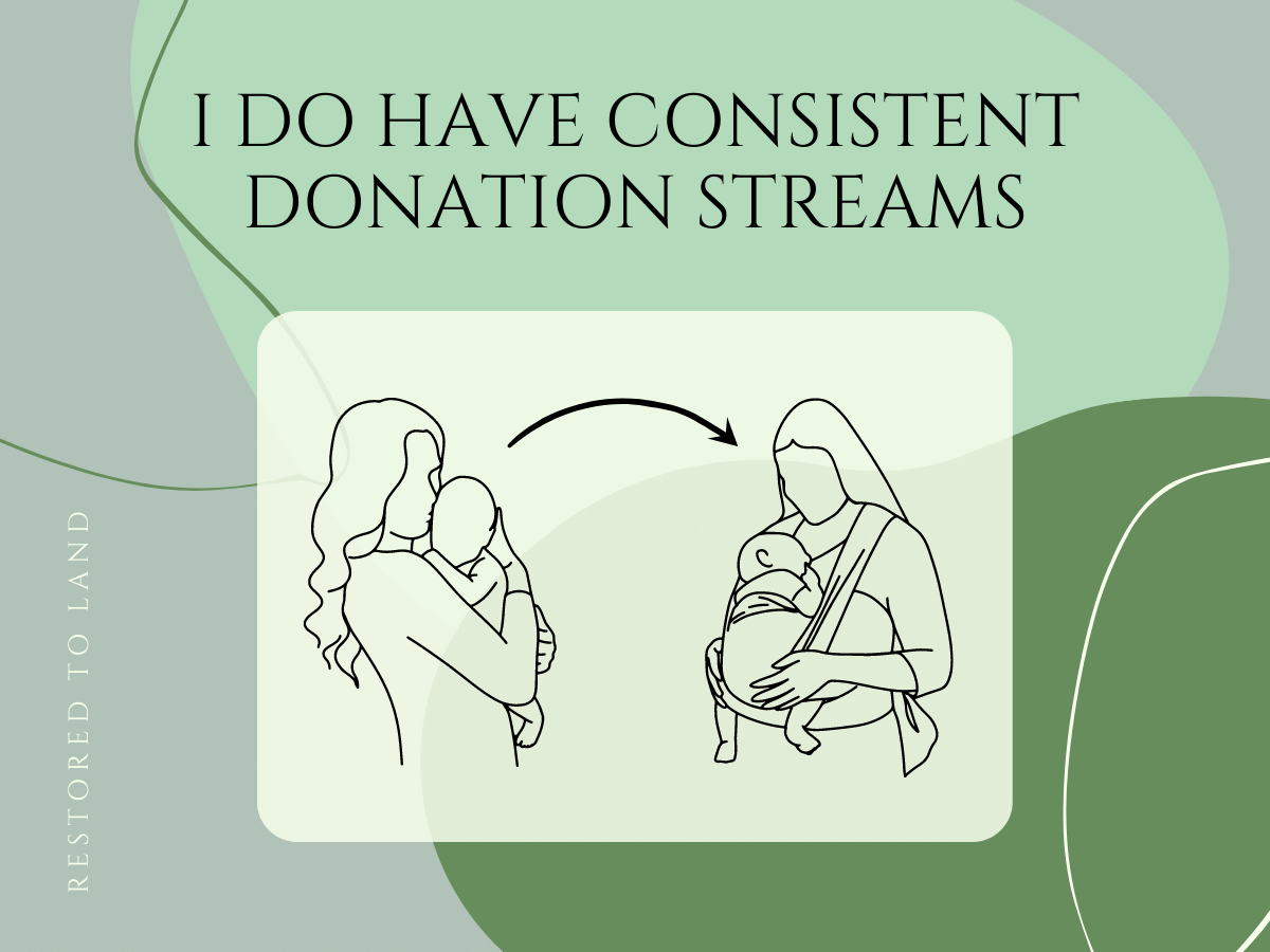 graphic titled 'I do have consistent donations streams" with a drawing of a mom and child and an arrow pointing from her to a mom with a baby in a wrap