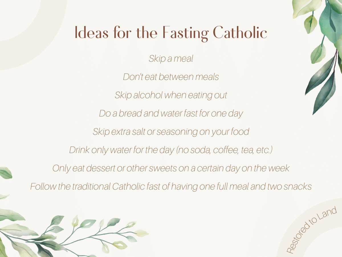 What's Fasting: Eight ideas for the Fasting Catholic. Brown text on a white background with watercolor florals