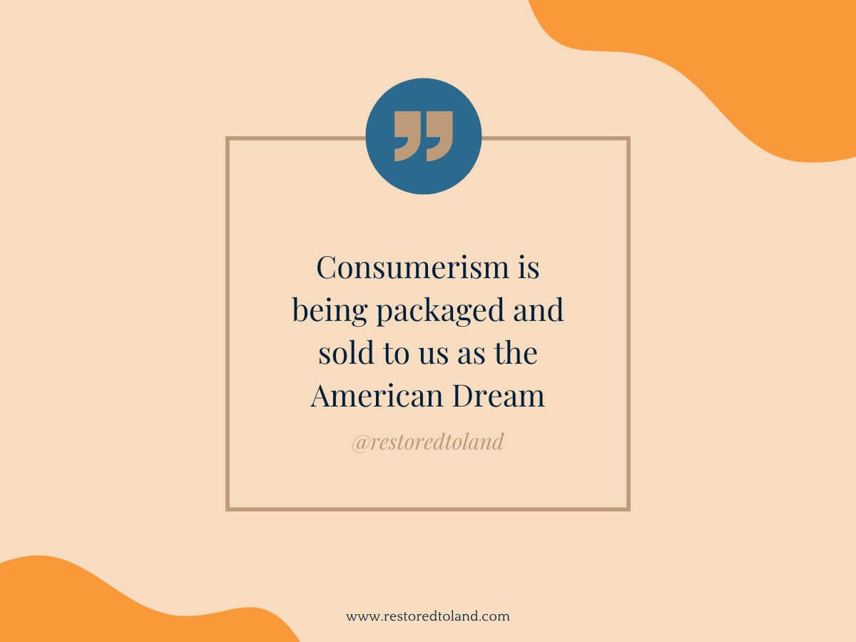 quote about minimalism and sustainability. "Consumerism is being packaged and sold to us as the American Dream."