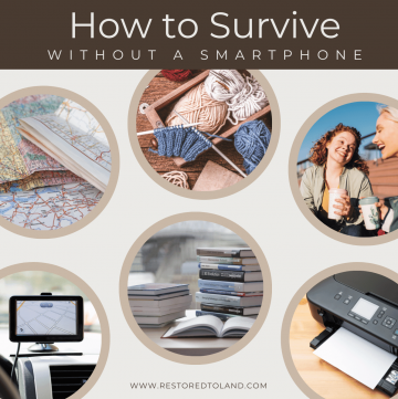 "How to Survive Without a Smartphone" with images of maps, books, and knitting in circles