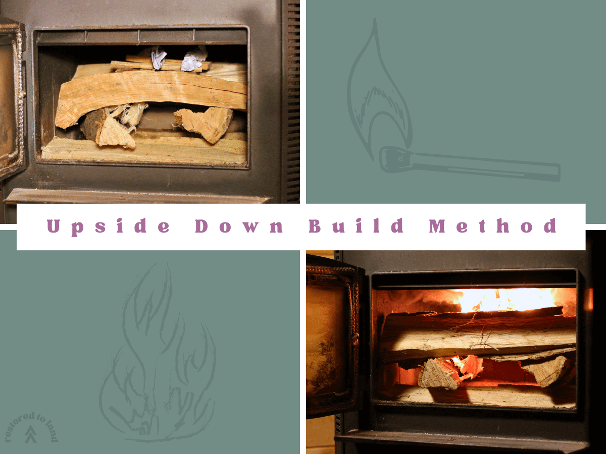"upside down build method" with image of loaded wood stove, and the same stove lit