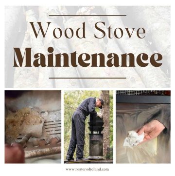"Wood stove maintenance" with images of ash scoop, glass cleaning, and chimney sweep