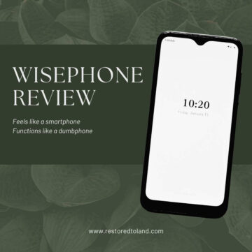 Image of a wiephone over muted leaf background heading "wisephone Review" subtext "feels like a smartphone, functions like a dumbphone"